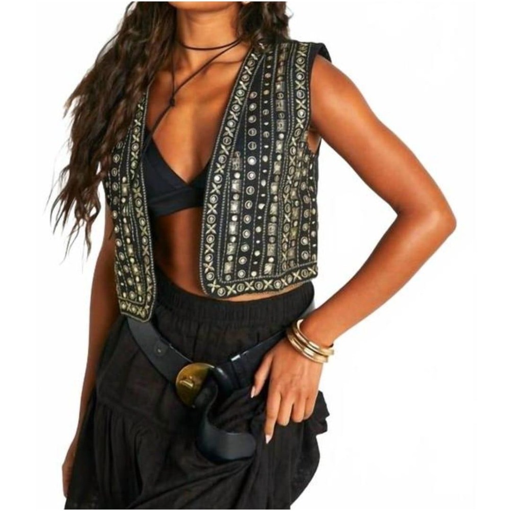 Jacquie The Label Black Gold Embellished‎ Boho Festival Cropped Vest Large NEW